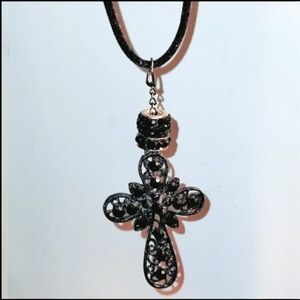 Intricate Black Filigree Cross Pendant on Velvet Rope Cord